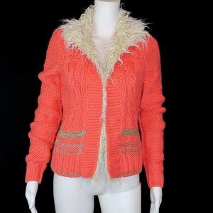 Free People Cardigan Coral Wool Blend Faux Fur Trim Long Sleeve Sweater